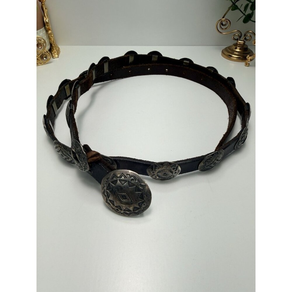 Vintage Native American Sterling Concho Belt Signed Hand Stamped Leather Long - Picture 2 of 16